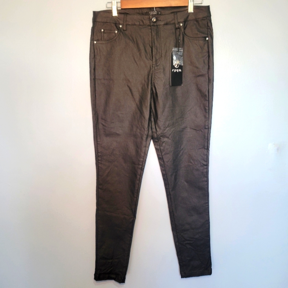 NWT‎ SPYM Womens Black Stretchy Skinny Faux Leather Legging Pants W Pockets Sz40
